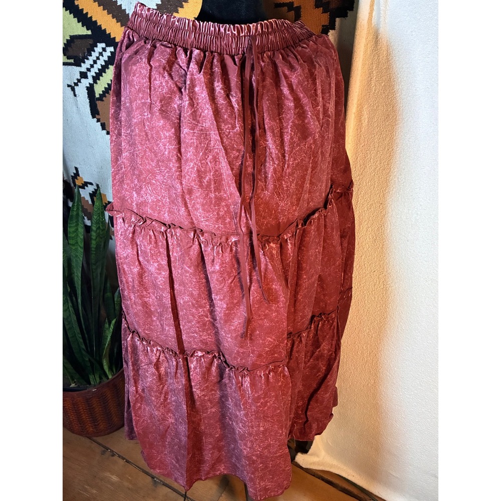 Zenana Tiered Maxi Skirt Womens XL Burgundy Excellent Acid Wash Cotton Boho - Picture 2 of 5